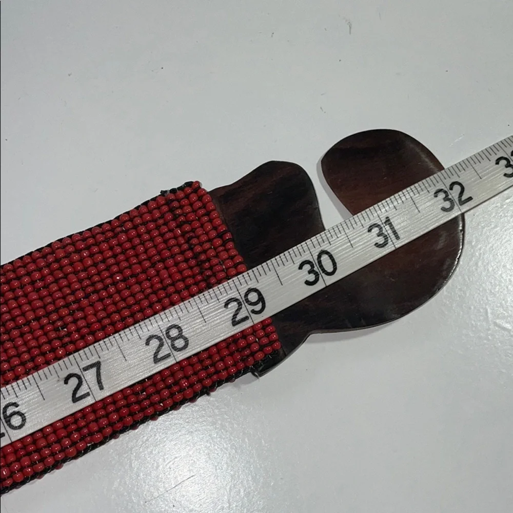 Boho Cowgirl Red Beaded Stretch Belt Wood Buckle Wide Artisan Small Southwest